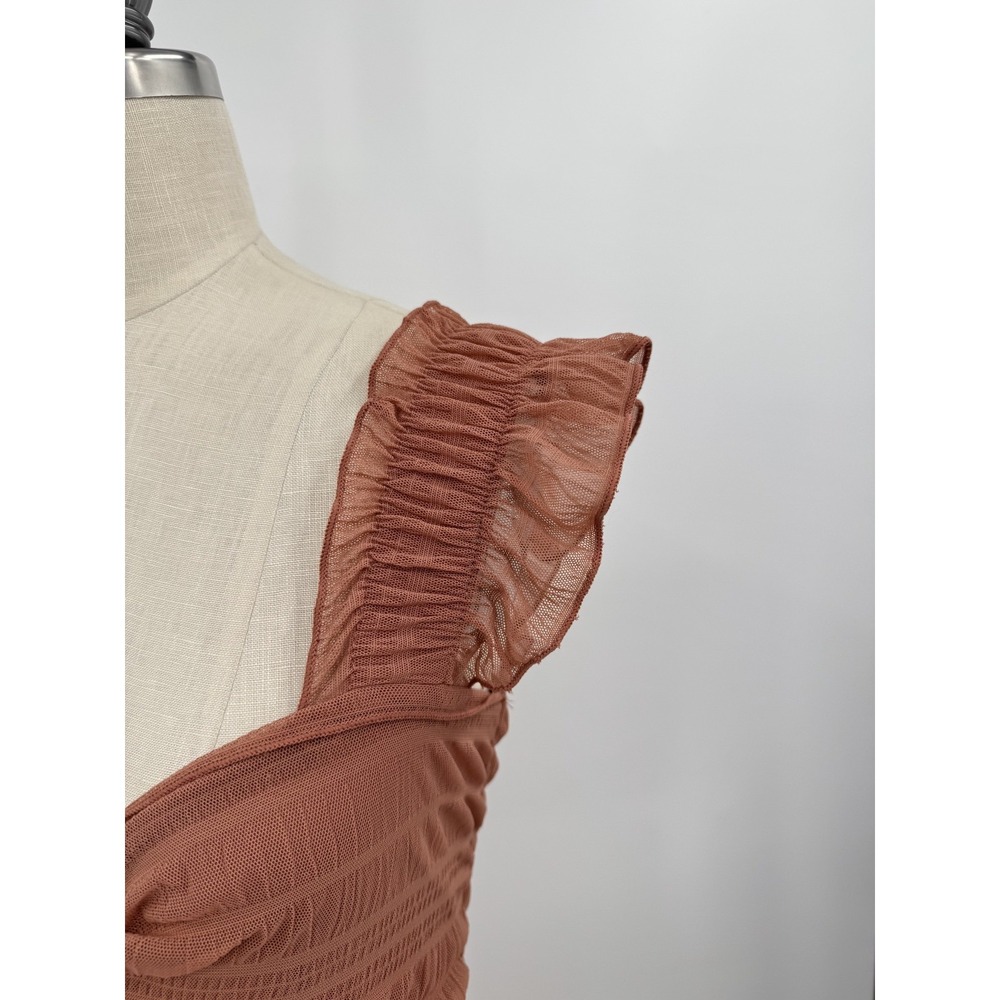 Max Studio London Tiered Midi Dress Ruffle Strap Ruched Bust Brown Women's L NWT - Picture 5 of 12